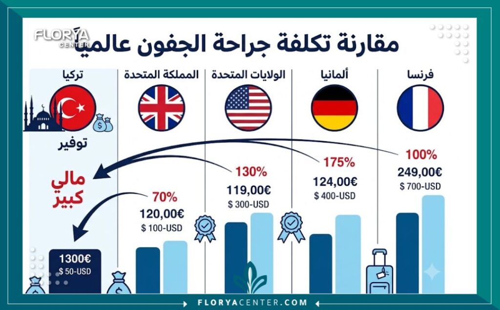 إنفوجرافيك مقارنة تكاليف جراحة الجفون عالمياً، يظهر بوضوح التوفير الكبير والأسعار الرخيصة في عيادات تركيا مقارنة بالدول الغربية.