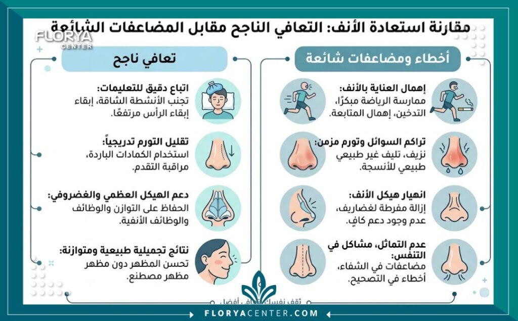 إنفوجرافيك يوضح أسباب فشل عملية تجميل الأنف مثل اختيار جراح سيئ وعدم الالتزام بالتعليمات.