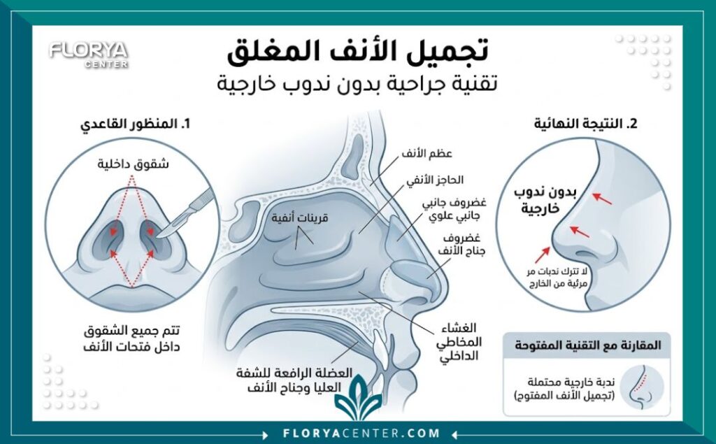 مخطط طبي يوضح تقنية تجميل الأنف المغلق ومميزاتها من حيث عدم وجود ندوب خارجية.