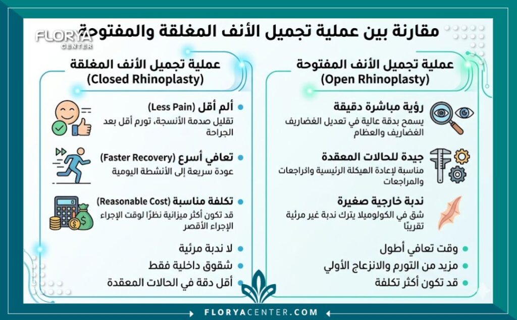 إنفوجرافيك يقارن بين أسعار تجميل الأنف المغلق في تركيا ومميزات وفترة نقاهة عملية تجميل الأنف المغلق المفتوح.