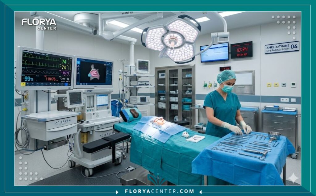 غرفة عمليات حديثة ومعقمة مجهزة لإجراء جراحة تجميل الأنف في أفضل مستشفيات تركيا.