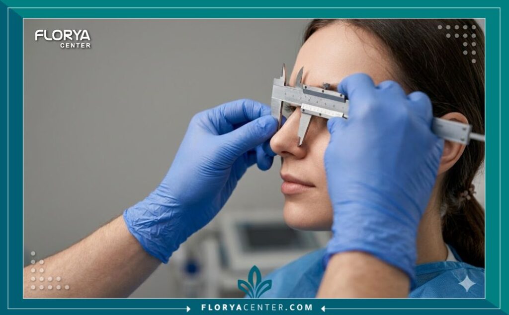 طبيب تجميل يقيس أبعاد الأنف بدقة لتحديد تكلفة تجميل الأنف المفتوح في تركيا.