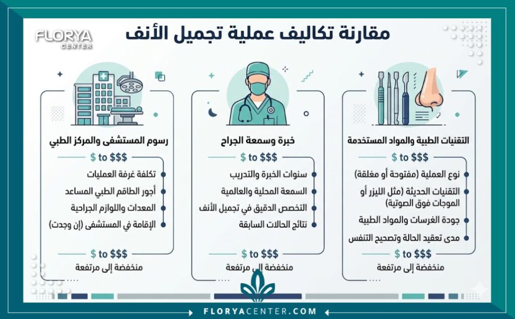 إنفوجرافيك يوضح أسعار تجميل الأنف في تركيا والعوامل المؤثرة في تحديد الأسعار.
