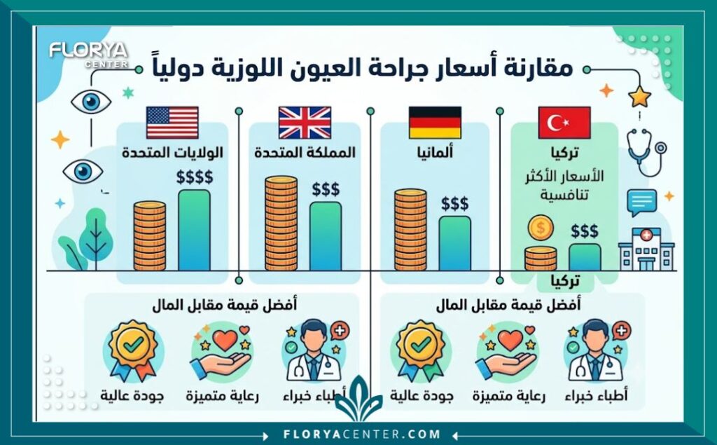 إنفوجرافيك مقارنة تكلفة جراحة العيون اللوزية: مقارنة أسعار عملية شد العيون تجميلياً بين تركيا ودول أخرى