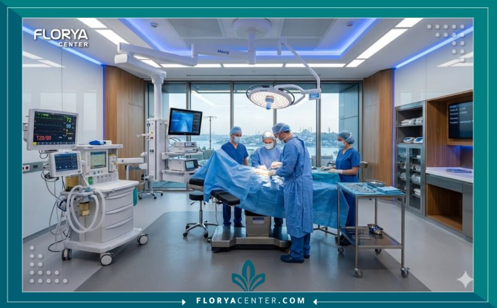 غرفة عمليات حديثة ومجهزة بأحدث التقنيات في مستشفى تجميل أنف متطور في تركيا.