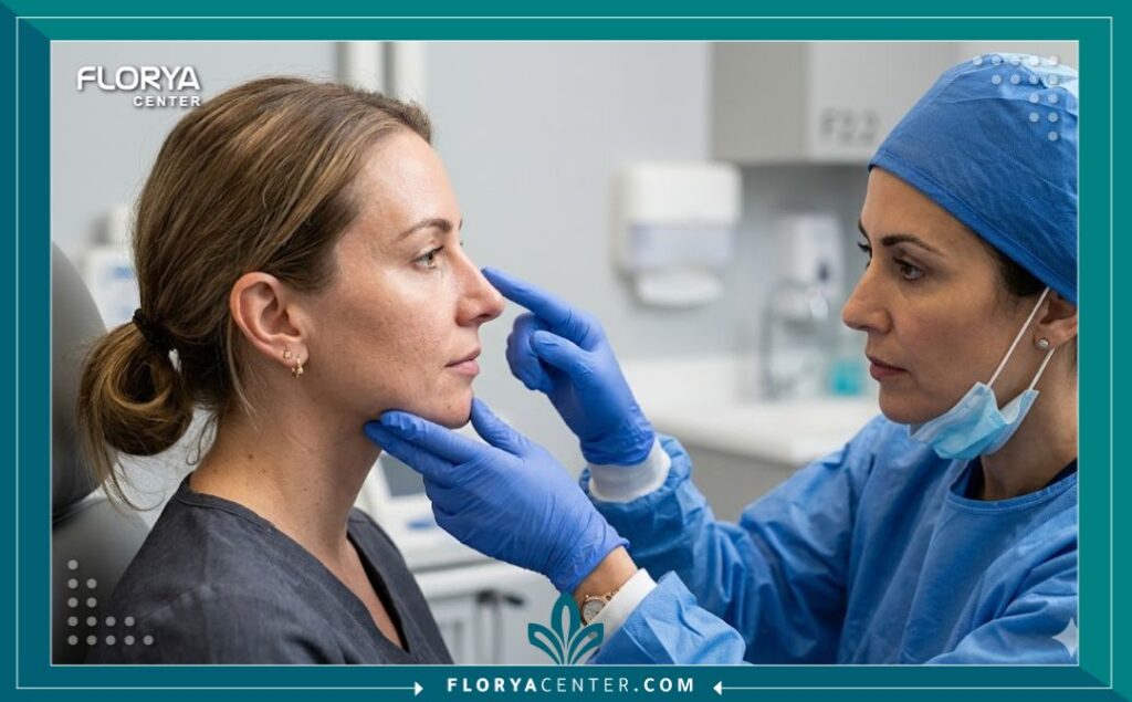 طبيب تجميل يفحص الأنف من الجانب لمريض لشرح خطوات عملية عملية تجميل الأنف.