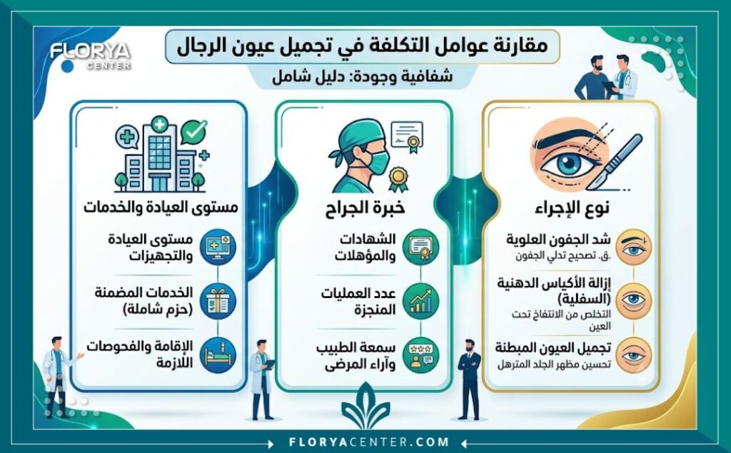 إنفوجرافيك يوضح العوامل الرئيسية المؤثرة على أسعار عمليات تجميل العيون للرجال في تركيا.