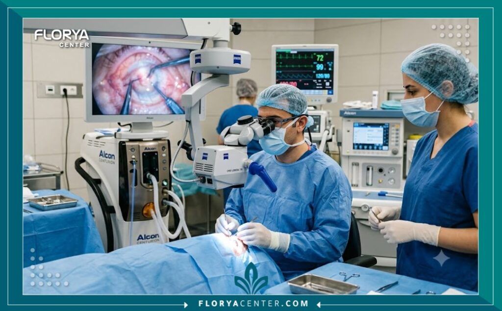 غرفة عمليات حديثة في مستشفى تركي حيث يجري جراح متخصص عملية تجميل عيون دقيقة لرجل.