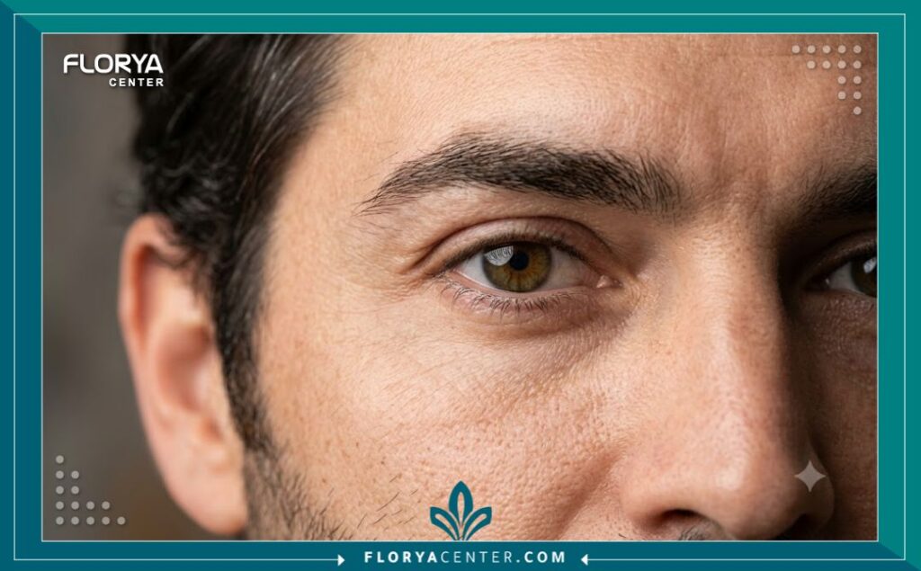 لقطة مقربة تبرز المظهر الطبيعي والرجولي بعد عملية تجميل العيون للرجال، مع التركيز على النتيجة الجمالية.