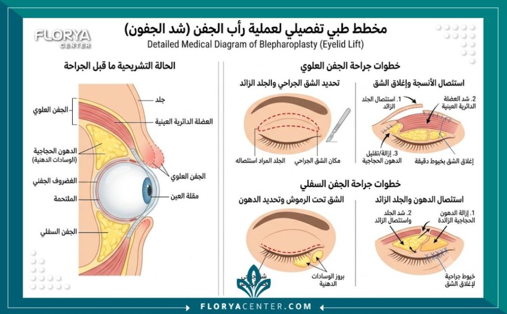 تخطيط تشريحي طبي يوضح عملية شد الجفون العلوية والسفلية في تركيا
