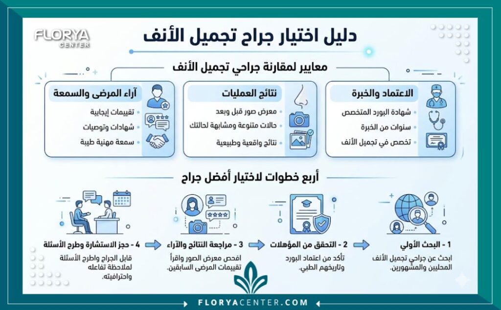 أفضل جراح تجميل أنف في تركيا 3 إنفوجرافيك يوضح معايير اختيار أفضل دكتور تجميل أنف في إسطنبول وكيفية قراءة التقييمات.