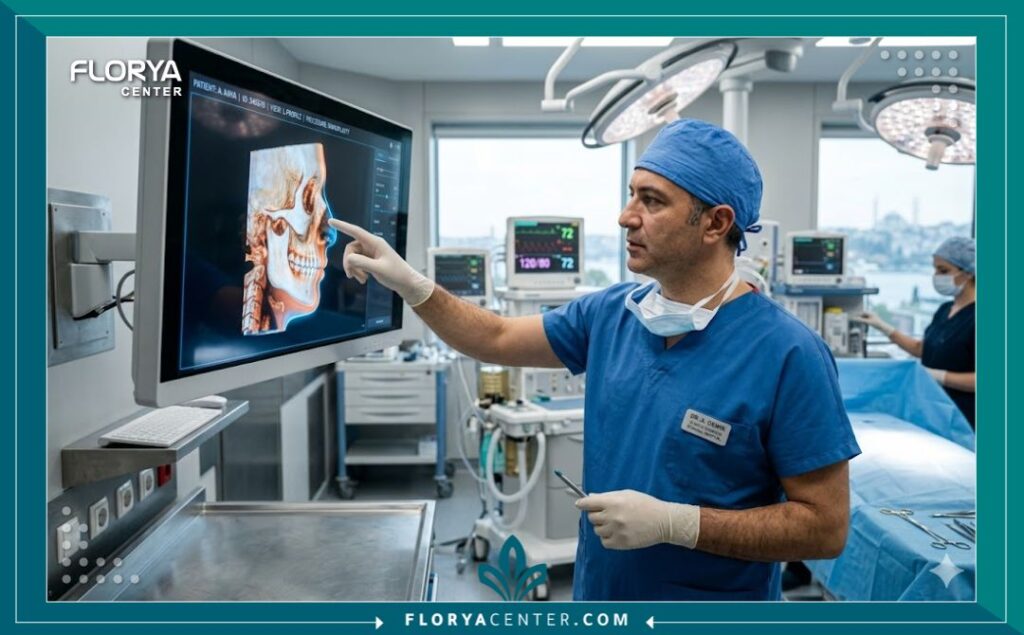 أفضل جراح تجميل أنف في تركيا 4 جراح تجميل محترف داخل غرفة عمليات مجهزة بأحدث التقنيات في تركيا يدرس أشعة ثلاثية الأبعاد للأنف.