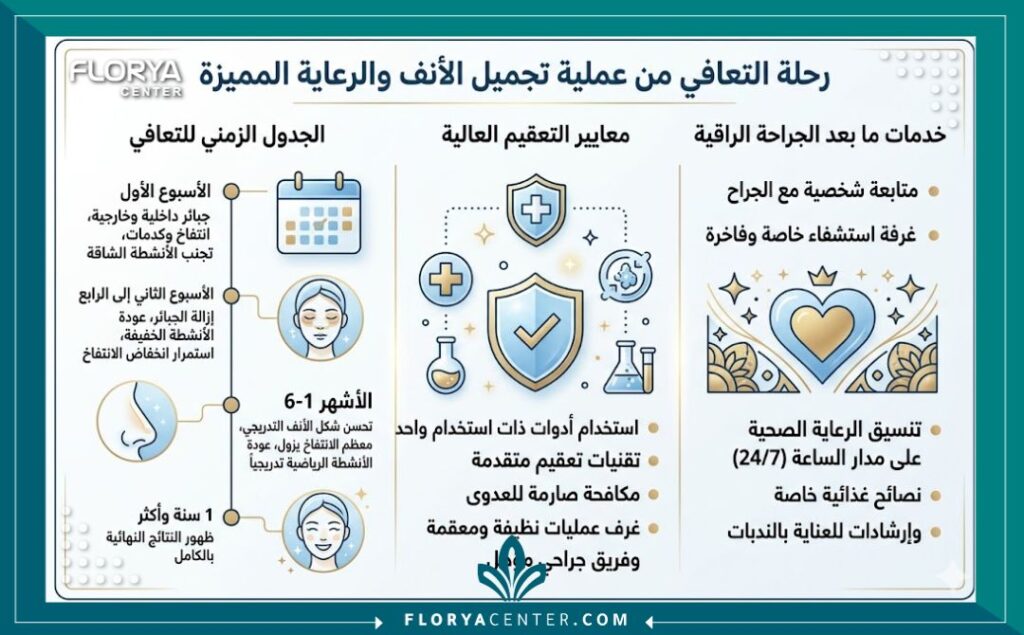 إنفوجرافيك يوضح مراحل التعافي، معايير التعقيم الصارمة، وخدمات ما بعد العملية لتجميل الأنف في تركيا.