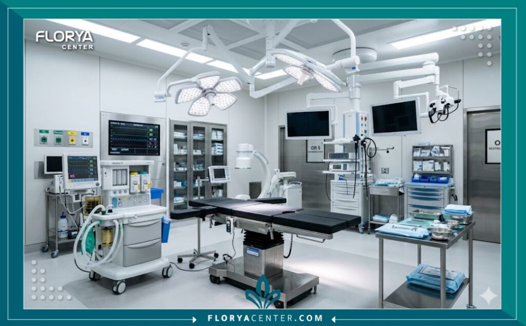 غرفة عمليات حديثة ومعقمة بالكامل مجهزة بأحدث التقنيات في مستشفى تجميل الأنف في إسطنبول.