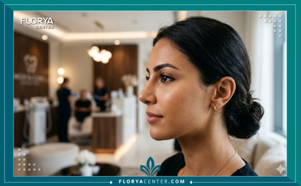 نتيجة طبيعية ومثالية لعملية تجميل الأنف تبرز تناسق الوجه بعد الجراحة التجميلية في تركيا.