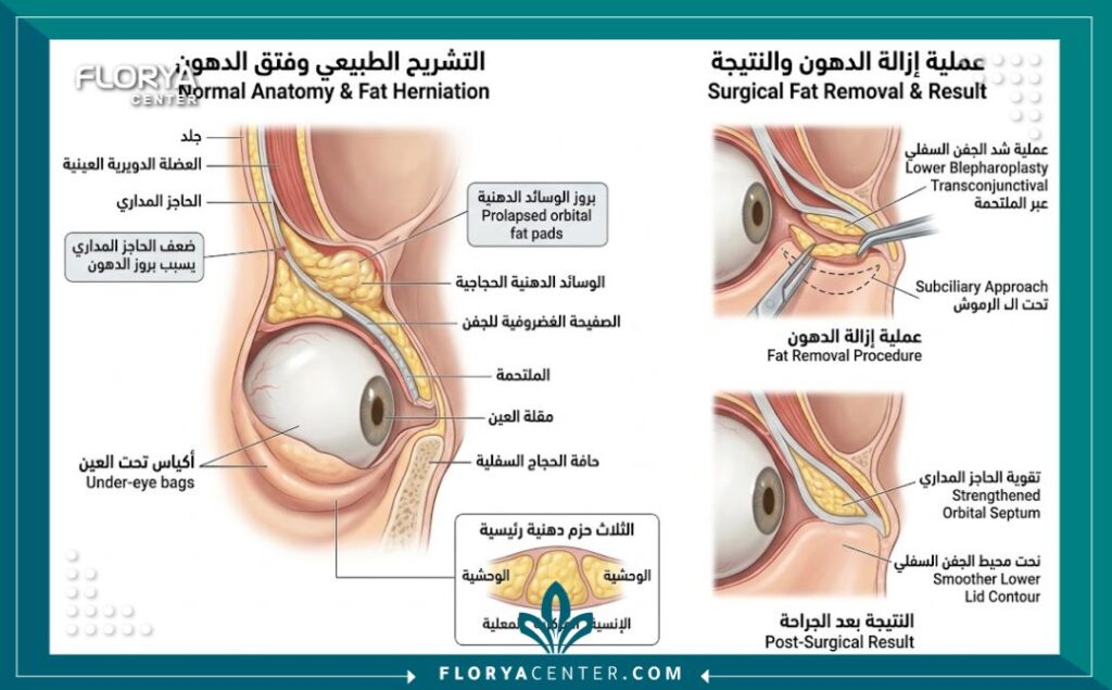 رسم توضيحي طبي دقيق يشرح تشريح العين ومكان تراكم الجيوب الدهنية السفلية وكيفية التخلص منها نهائياً.