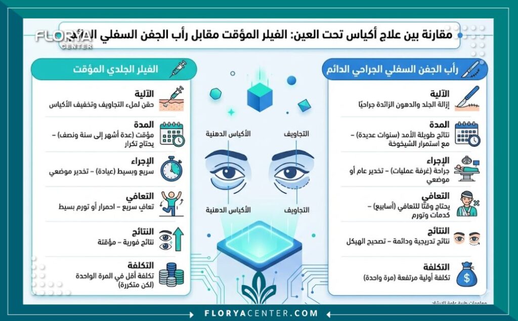 إنفوجرافيك يقارن بين استخدام الفيلر المؤقت والحل الجذري المتمثل في إزالة أكياس الدهون تحت العين جراحياً.