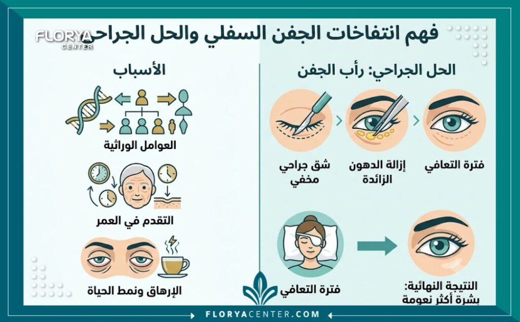 إنفوجرافيك تعليمي نظيف باللغة العربية يشرح أسباب ظهور انتفاخات الجفن السفلي والحلول الجراحية المقترحة لإزالة الدهون، بما في ذلك الأسباب الوراثية والتقدم في العمر ومقارنة بالنتيجة النهائية المتوقعة.
