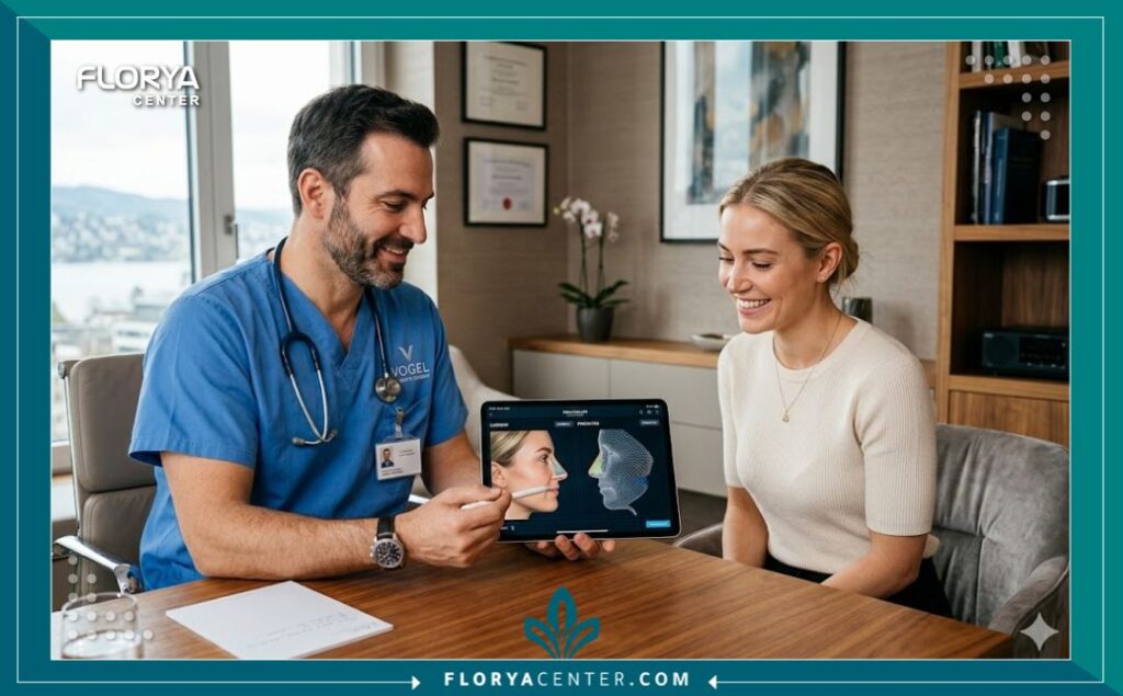 استشارة طبية مع جراح تجميل متخصص في إزالة غضاريف الأنف الزائدة وتصغير الأرنبة داخل عيادة تركية حديثة.