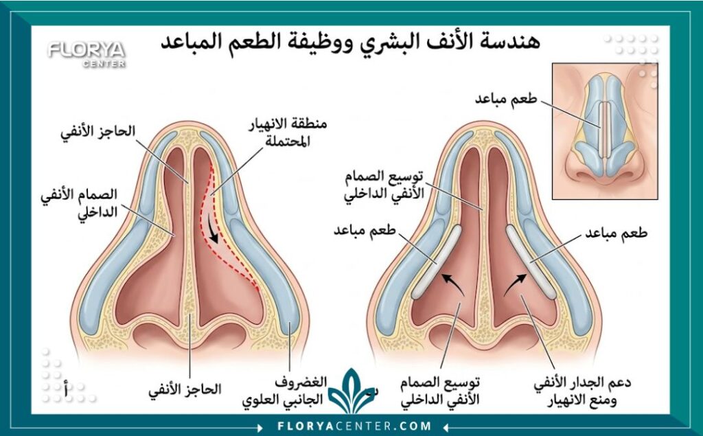 رسم تشريحي طبي يوضح موضع زراعة الغضروف الداعم لمنع التصاق جدران الأنف أثناء عملية صمام الأنف.
