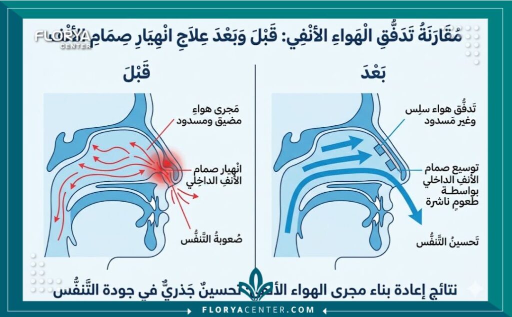 إنفوجرافيك يوضح الفرق في تدفق هواء التنفس قبل وبعد جراحة إعادة بناء صمام الأنف الداخلي.