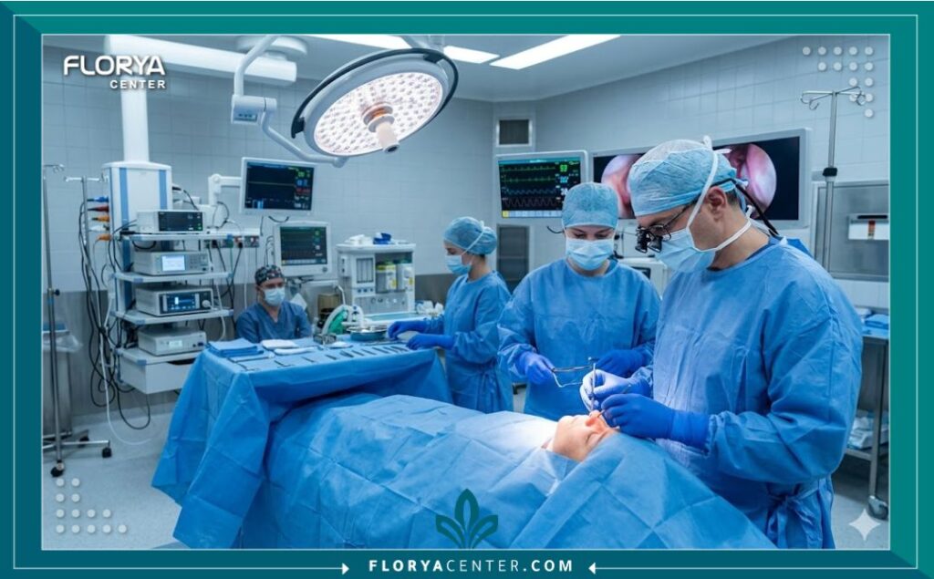 فريق جراحي متخصص يجري عملية دقيقة لترميم صمام الأنف الداخلي داخل غرفة عمليات مجهزة بأحدث التقنيات.