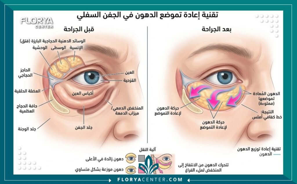 رسم توضيحي طبي يشرح تشريح العين وخطوات تقنية إعادة وضع دهون الجفن السفلي لتعبئة تجويف الدمع.