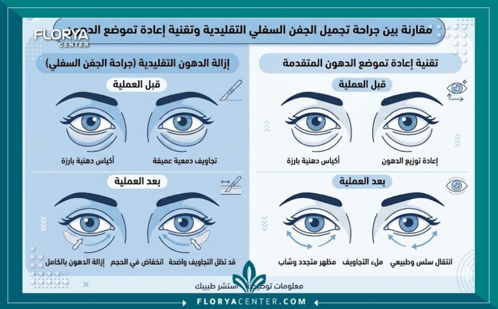 إنفوجرافيك يقارن بين إزالة الدهون التقليدية وإعادة وضع دهون الجفن السفلي جراحياً للحصول على مظهر طبيعي.
