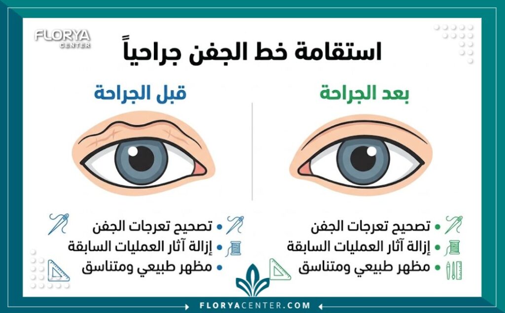 انفوجرافيك مقارنة قبل وبعد عملية استقامة خط الجفن جراحياً يوضح تصحيح التعرجات والحصول على مظهر متناسق وطبيعي للجفن.