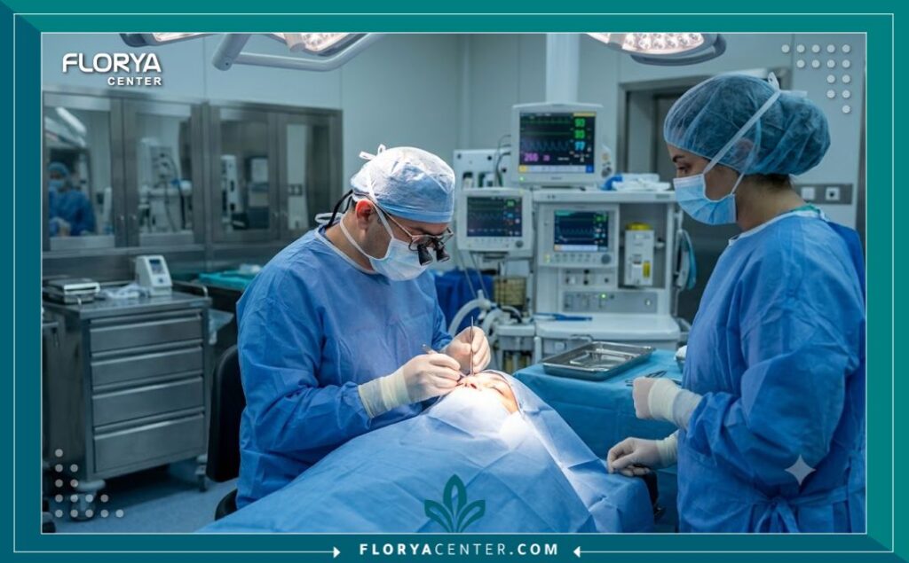 لقطة واقعية من داخل غرفة عمليات معقمة تظهر جراح تجميل يقوم بعملية دقيقة لاستقامة خط الجفن جراحياً لإصلاح تشوهات الجفن.