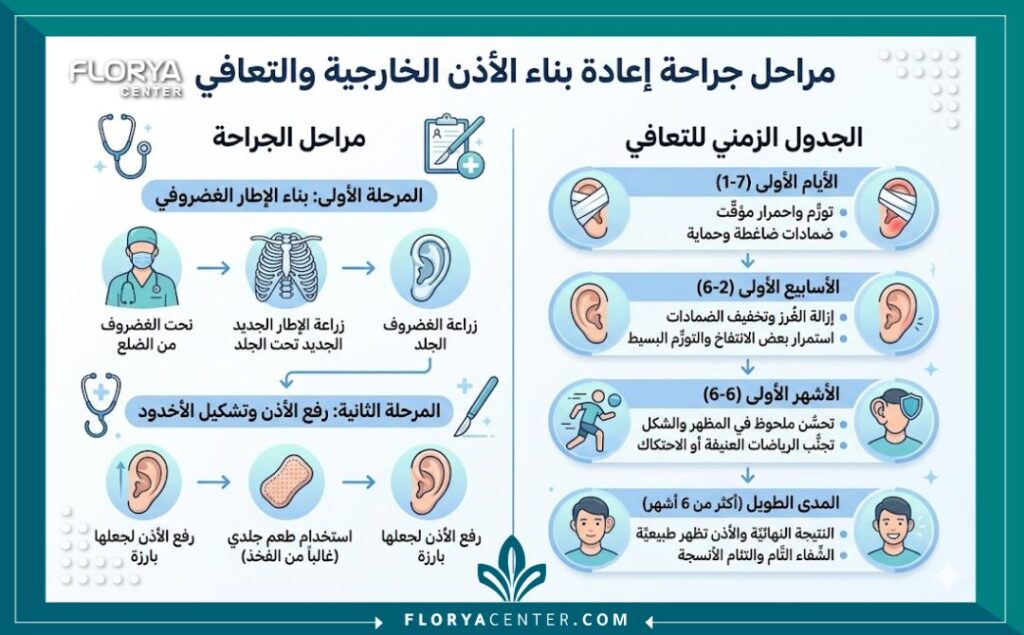 إنفوجرافيك يوضح خطوات جراحة تجميل الأذن البارزة ومراحل التعافي من اصلاح صيوان الأذن في تركيا.