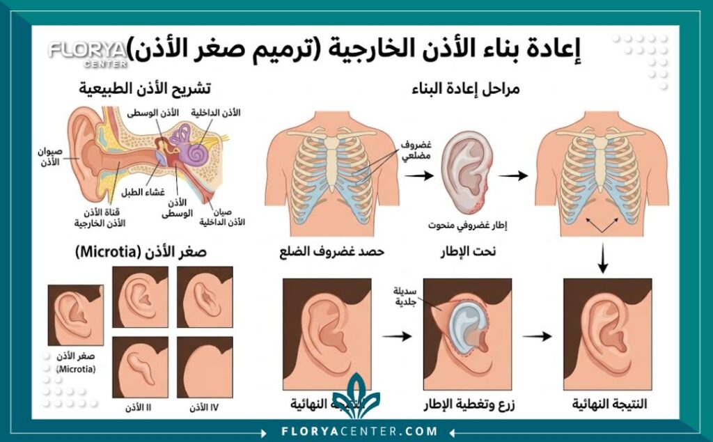 اعادة بناء الاذن الخارجية في تركيا 2 رسم توضيحي طبي دقيق يوضح تشريح صيوان الأذن وكيفية استخدام الغضاريف في جراحة إعادة بناء الأذن