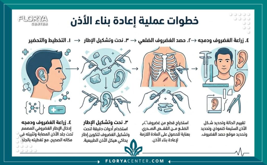 اعادة بناء الاذن الخارجية في تركيا 3 إنفوجرافيك يوضح خطوات زراعة الغضاريف ونحت صيوان الأذن من الصفر و اعادة بناء الاذن الخارجية في تركيا في عمليات تجميل الأذن بتركيا.