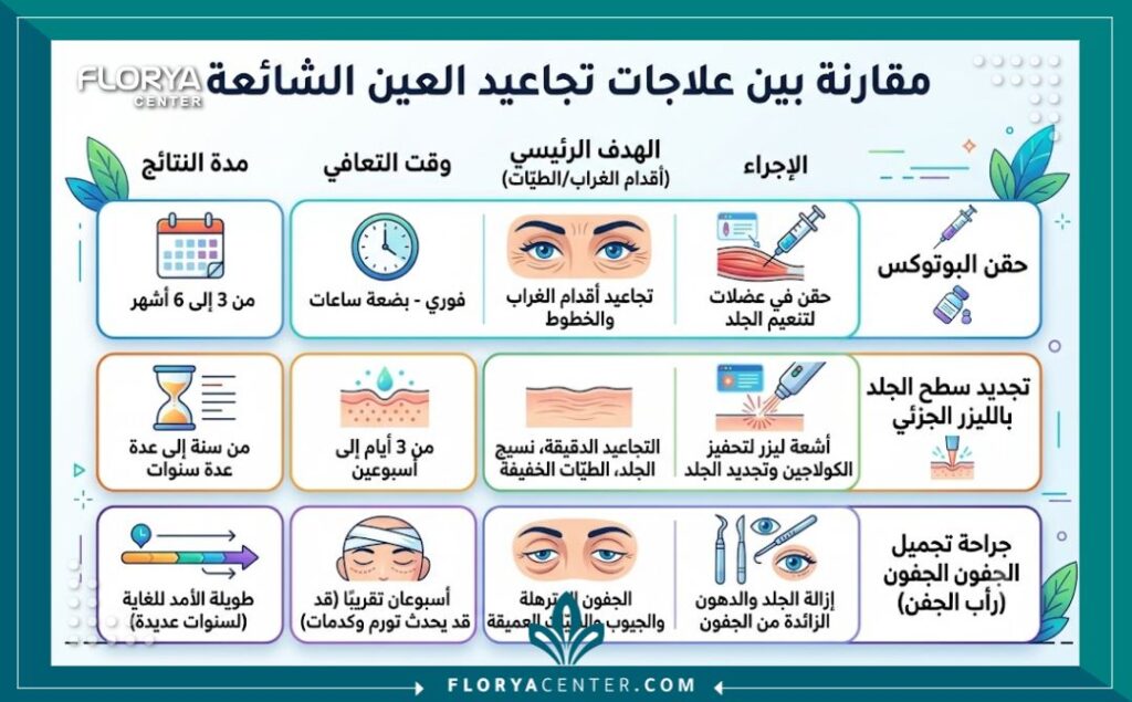 إنفوجرافيك يقارن بين البوتوكس، الليزر، وجراحة جفن العين لعلاج تجاعيد محيط العين في تركيا.