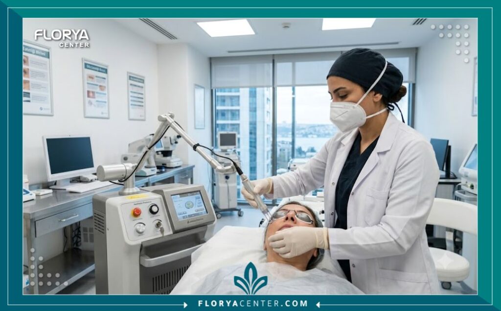 طبيبة تجري عملية تجديد جلد ما حول العين باستخدام الليزر في عيادة تجميل متطورة في اسطنبول.