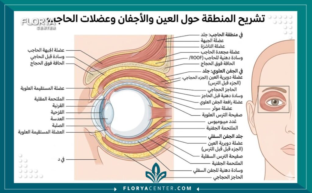 رسم توضيحي طبي لتشريح عضلات منطقة المحيط بالعين والجفون والحواجب.