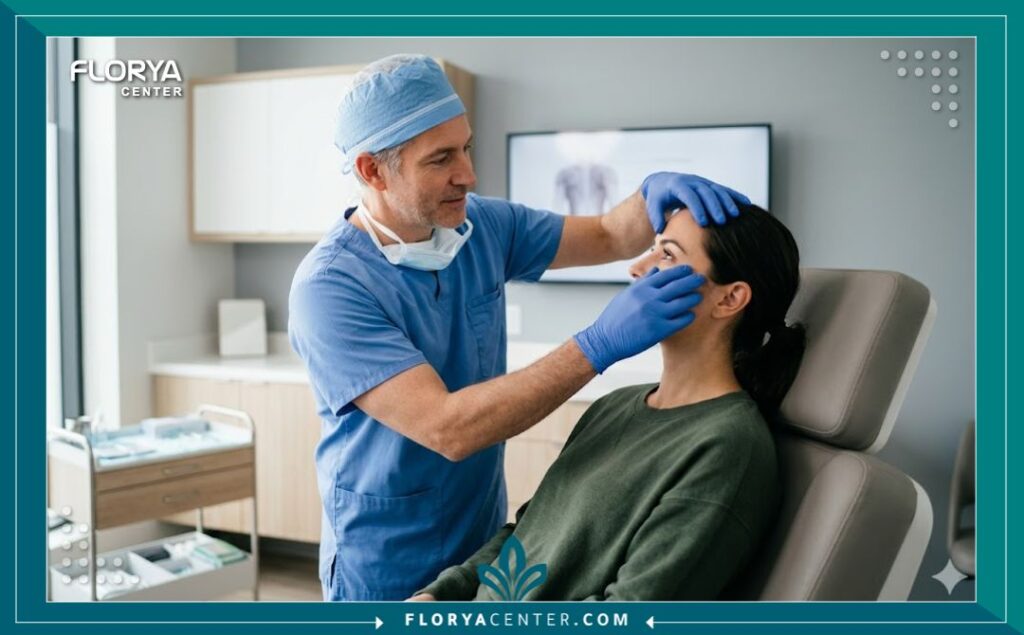 طبيب جراحة تجميل يفحص مريض في عيادة حديثة للتحضير لعملية تجميل العيون وشد الحواجب.
