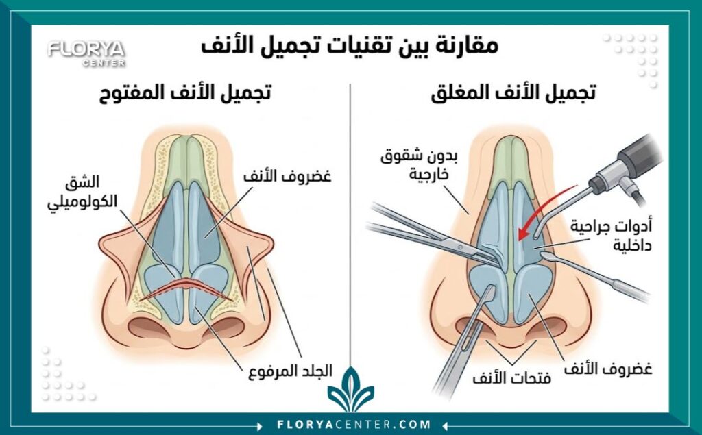رسم توضيحي طبي دقيق يبين أماكن الشقوق الجراحية لشرح الفرق بين عملية تجميل الأنف المفتوح والمغلق.