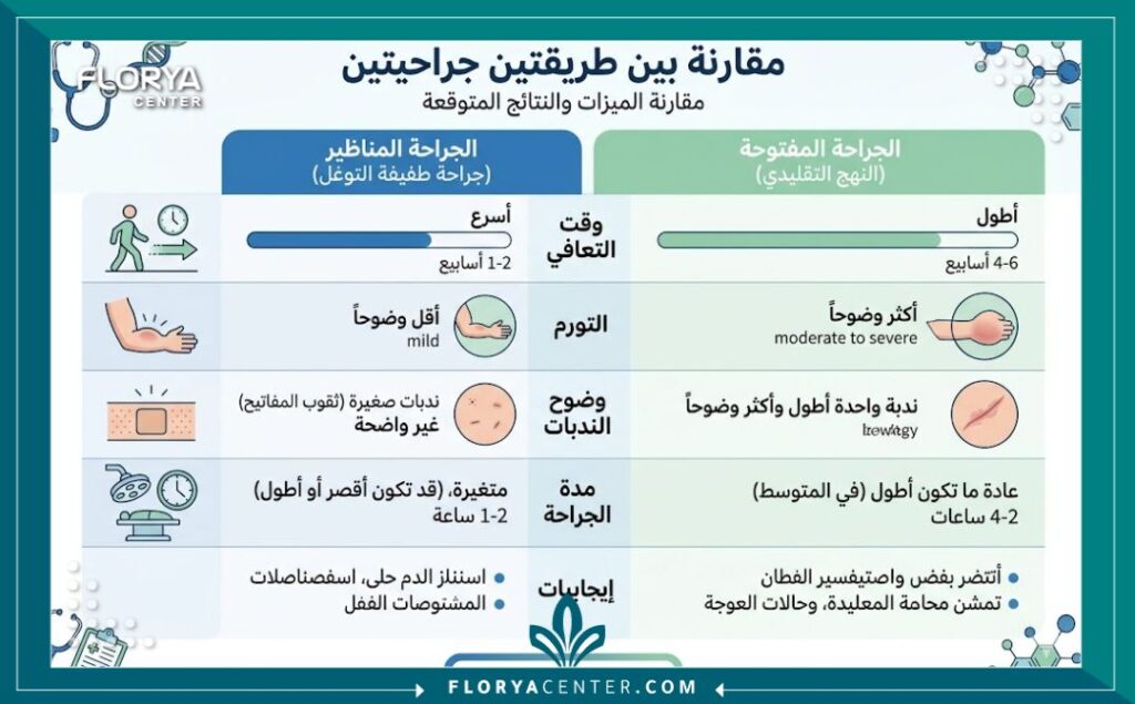 إنفوجرافيك مقارنة شامل يوضح الفرق بين تجميل الأنف المفتوح والمغلق من حيث مدة التعافي، التورم، وظهور الندبات.