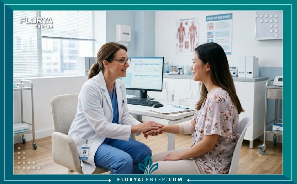 طبيب تجميل يقدم الدعم النفسي ويتابع مراحل التعافي لمريضة في عيادة تجميل الأنف.