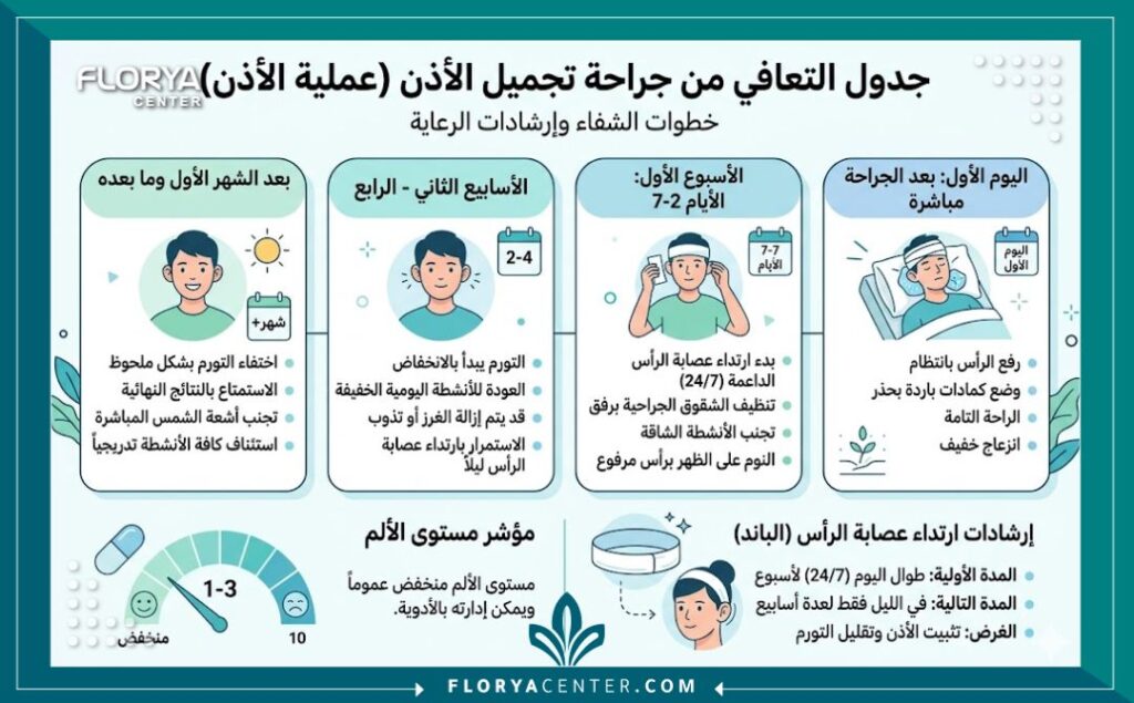 إنفوجرافيك يوضح مراحل التعافي من عملية تجميل الأذن البارزة، ومستوى الألم، ومدة لبس عصابة الرأس.