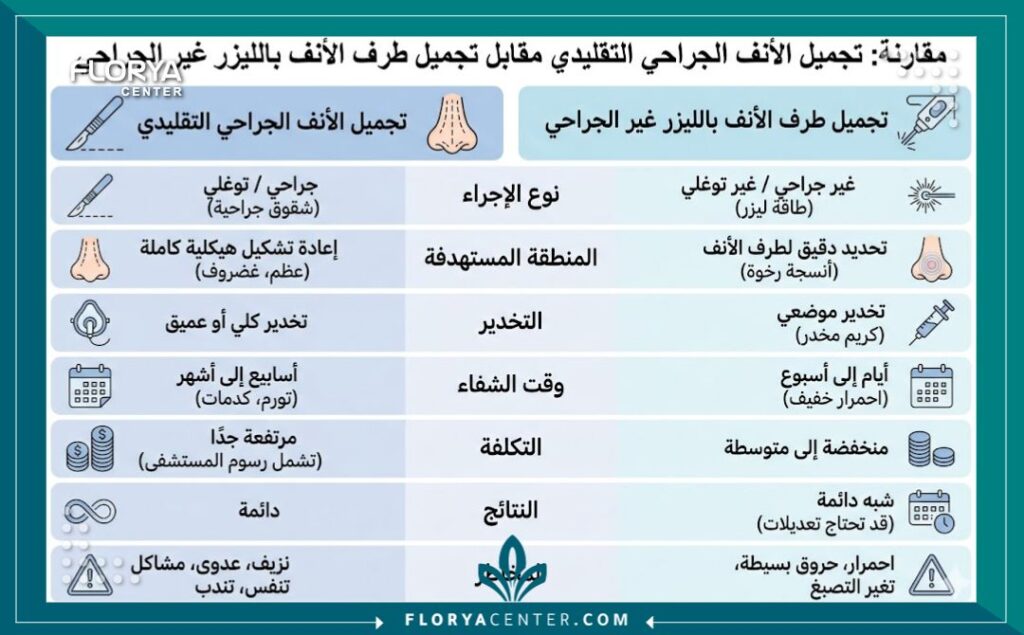 إنفوجرافيك يقارن بين تجميل الأنف الجراحي التقليدي وتصغير أرنبة الأنف بالليزر بدون جراحة من حيث فترة النقاهة والتكلفة.