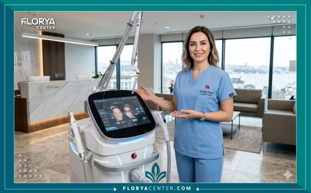طبيب تجميل متخصص داخل غرفة علاج حديثة ومجهزة بأحدث أجهزة الليزر في إحدى مستشفيات التجميل الفاخرة في تركيا.