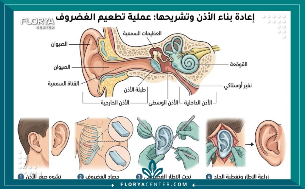 رسم توضيحي طبي يوضح تشريح الأذن وعملية ترميم غضروف الأذن لعلاج التشوهات الخلقية.
