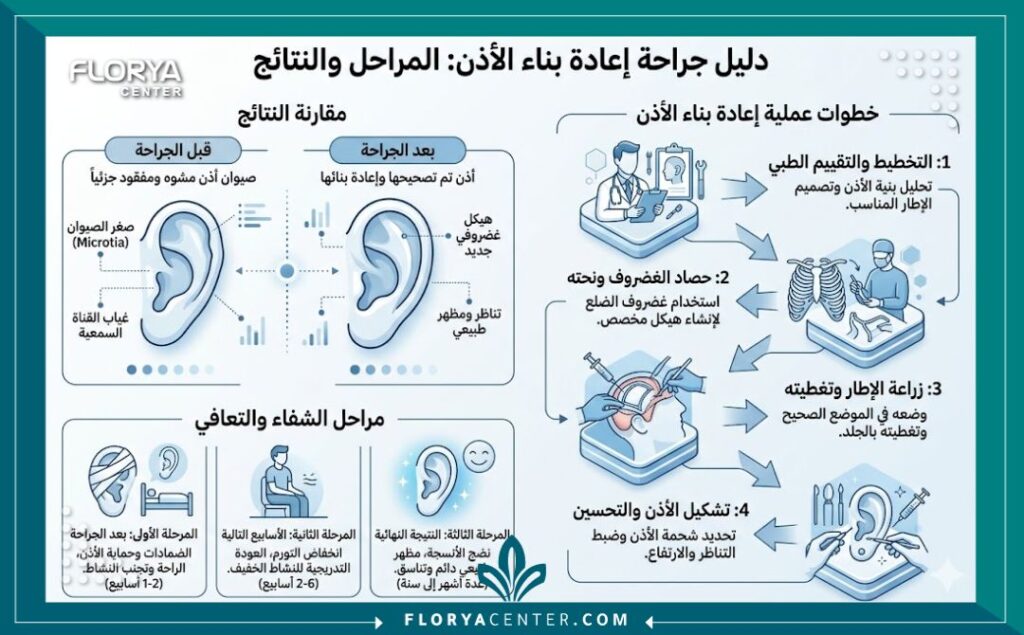 إنفوجرافيك يوضح خطوات جراحة تجميل الأذن المشوهة في تركيا ومراحل التعافي والنتائج المتوقعة.
