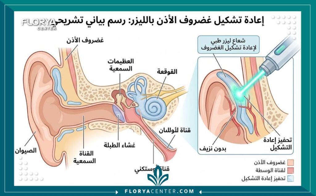 رسم توضيحي طبي يشرح كيفية استخدام تقنية تجميل الأذن بالليزر للأطفال لتعديل الغضروف بدون نزيف.