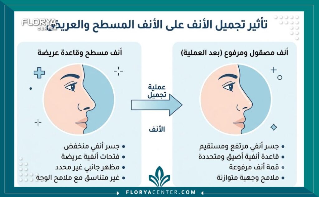 تجميل الأنف الأفطس في تركيا 3 إنفوجرافيك يقارن شكل الأنف الأفطس قبل وبعد عملية التجميل وزرع الغضروف.