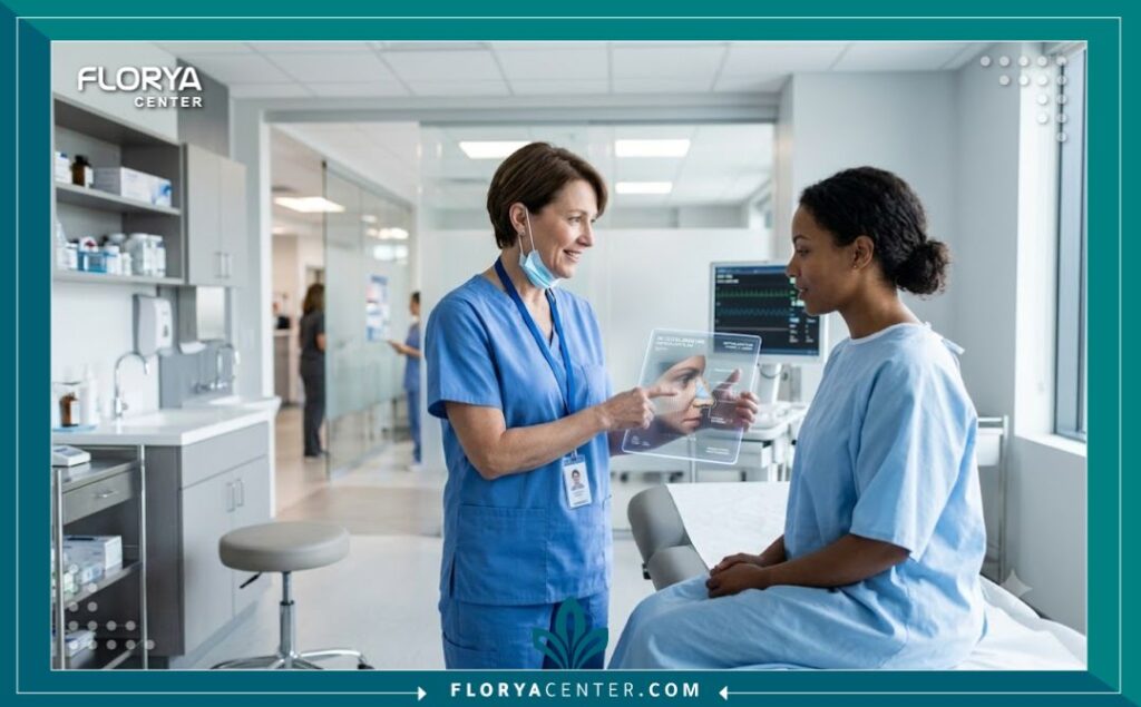 تجميل الأنف الأفطس في تركيا 4 طبيب تجميل متخصص يناقش خطة علاج الأنف الأفطس في عيادة حديثة في تركيا.