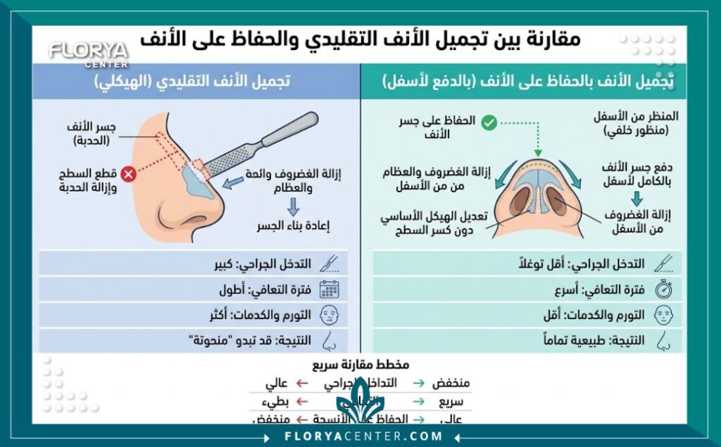 إنفوجرافيك يقارن بين تجميل الأنف التقليدي وتجميل الأنف التحفظي والفرق في التعامل مع غضاريف وعظام الأنف.