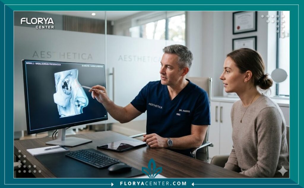 استشارة طبية مع جراح تجميل متخصص في عمليات تجميل الأنف التحفظي ومناقشة الأشعة ثلاثية الأبعاد في عيادة حديثة.